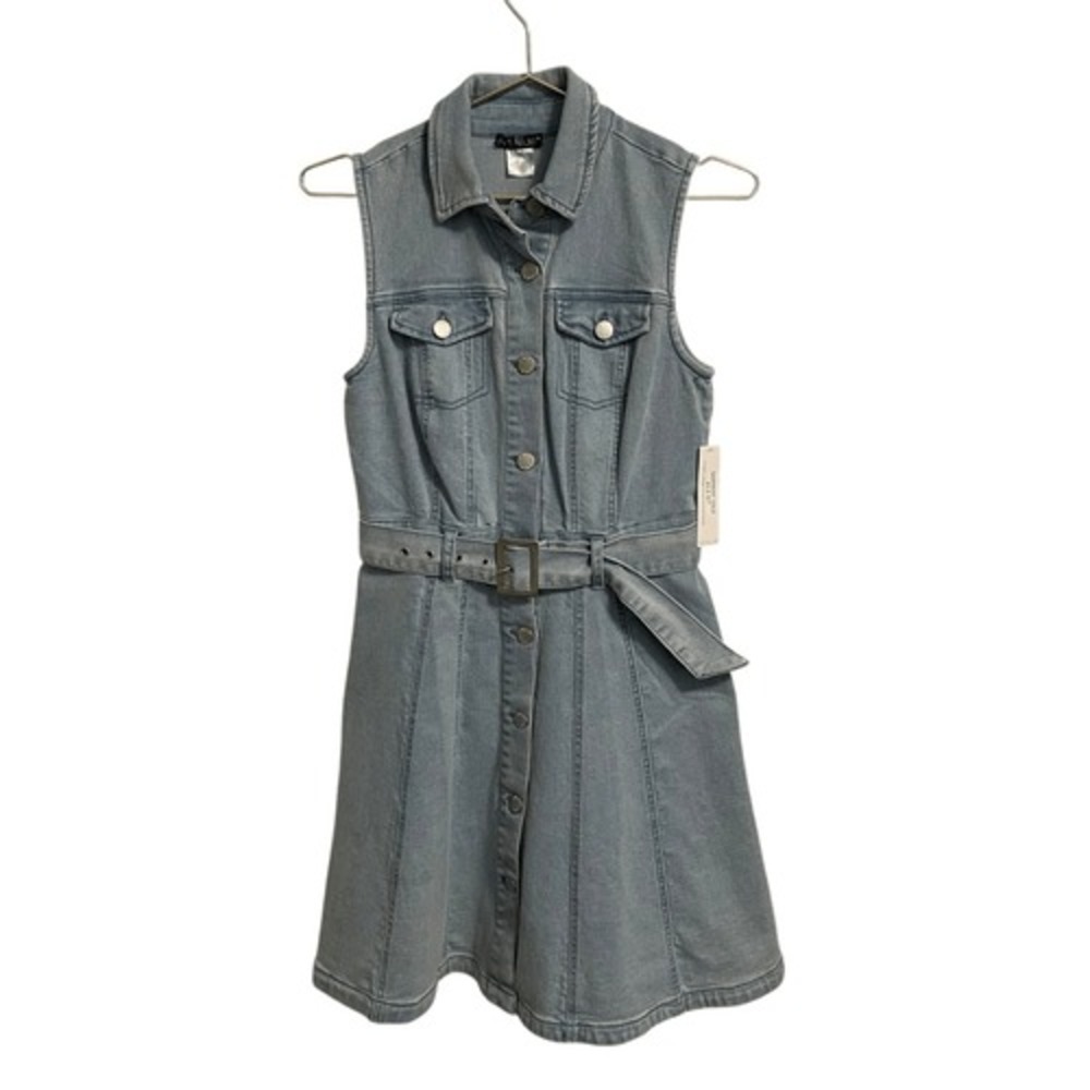 Venus Womens Sleeveless Denim Dress Light Wash Belted Button Front Mini Blue